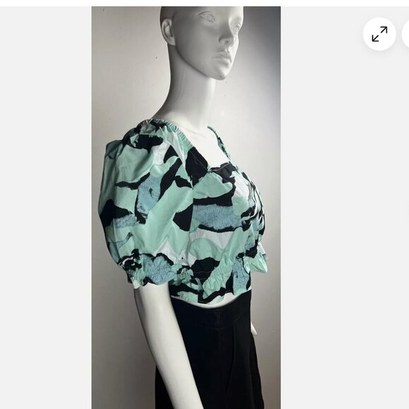 BP. Crop Top Short Puff Sleeve Black Teal Blue Square Neck Blouse Size M NWT - Picture 3 of 8